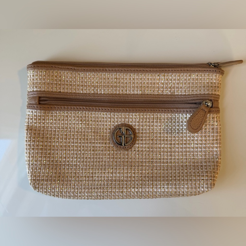 Giani Bernini Tan Woven Rattan Straw Wristlet Pouch Cosmetic Case
